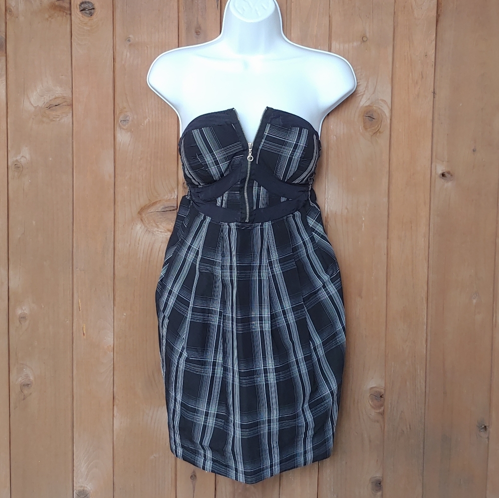 Black plaid strapless dress
